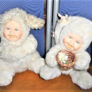 Snow Babies PAIR of Stuffed DOLLS with CERAMIC Bisque Face Hand Painted Face Han